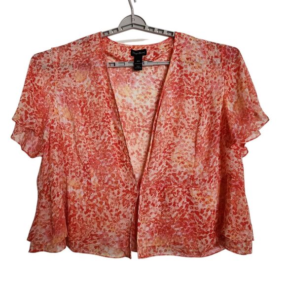 Maggie Barnes Flutter Sleeve Top Woman 30W Peach Orange Open Front Semi Shear - Picture 1 of 10